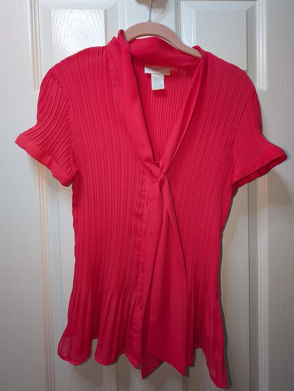 Worthington Hot Pink Pleated Tie-Neck Blouse